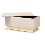 Powell Glam and Luxe Beige Velvet Fabric Upholstered and Gold PU Leather Storage Ottoman – Wholesale Interiors