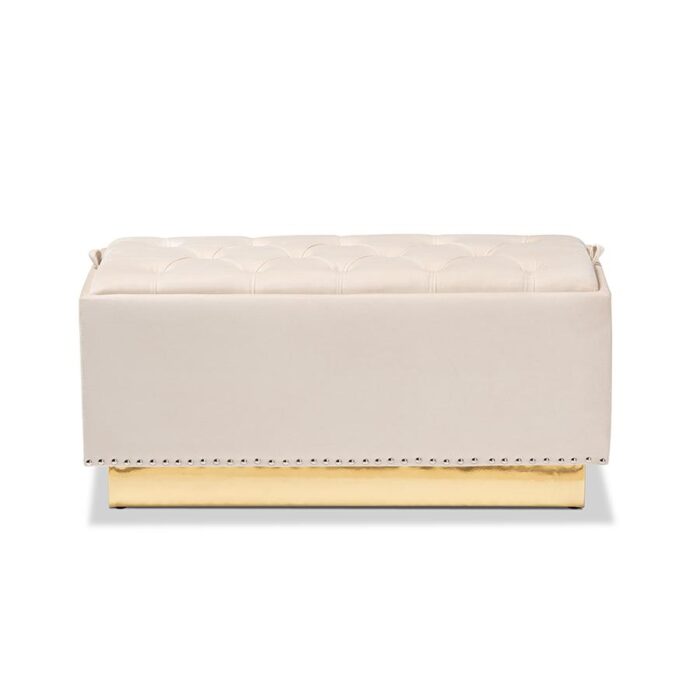 Powell Glam and Luxe Beige Velvet Fabric Upholstered and Gold PU Leather Storage Ottoman – Wholesale Interiors