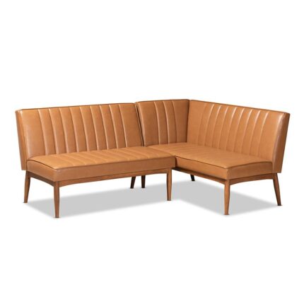Baxton Studio Daymond Mid-Century Modern Tan Faux Leather Upholstered and Walnut Brown Finished Wood 2-Piece Dining Nook Banquette Set