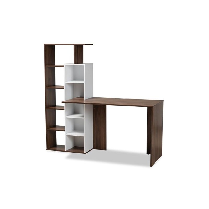 Rowan Modern and Contemporary Two-Tone White and Walnut Brown Finished Wood Storage Computer Desk with Shelves