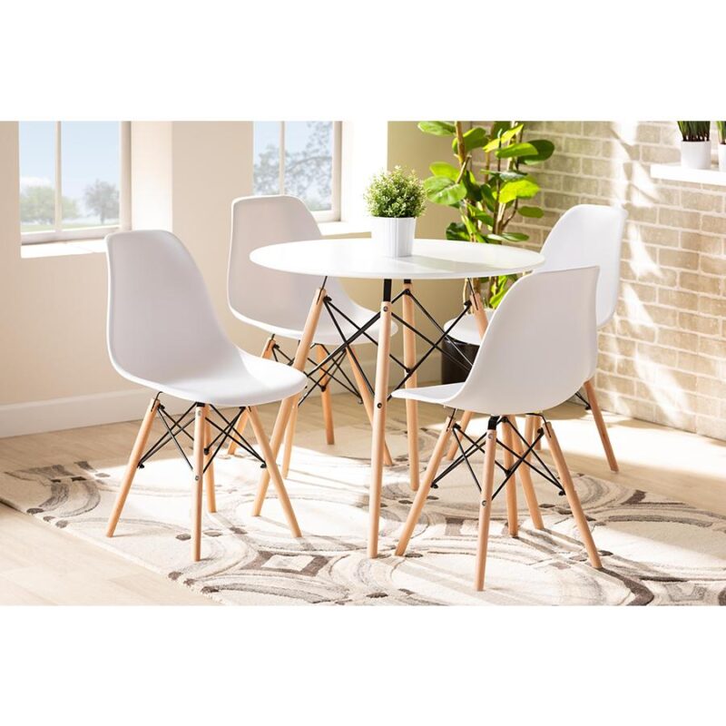 Baxton Studio Jaspen Modern and Contemporary White Finished Polypropylene Plastic and Oak Brown Finished Wood 5-Piece Dining Set