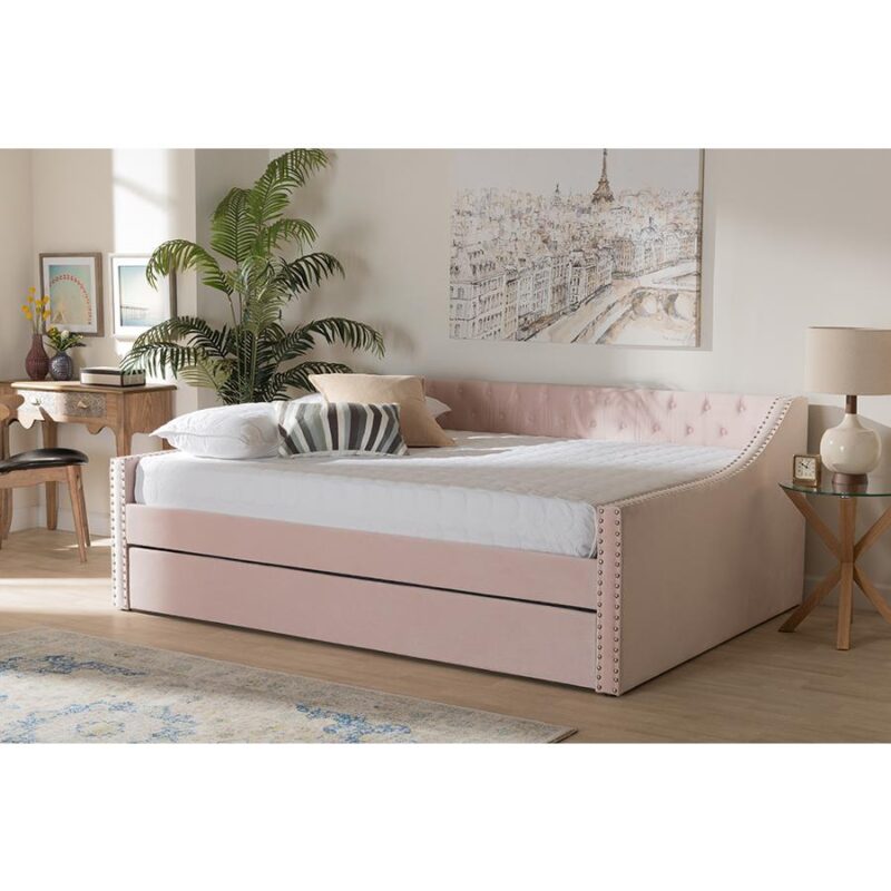 Baxton Studio Raphael Modern and Contemporary Pink Velvet Fabric Upholstered Queen Size Daybed with Trundle