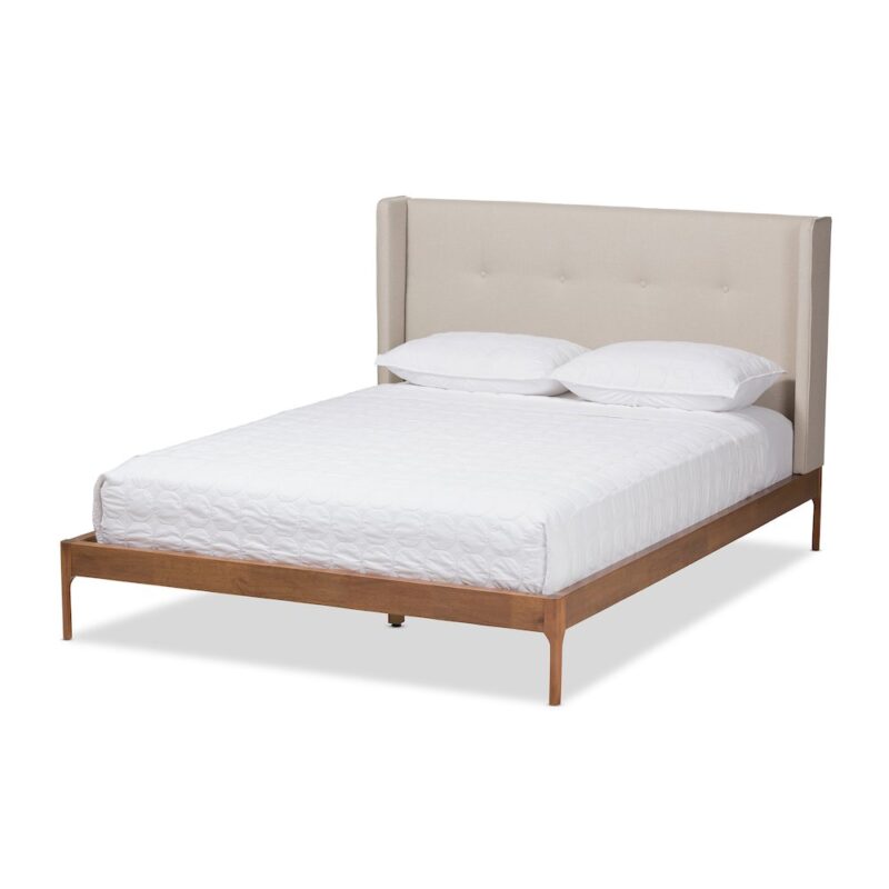 Brooklyn Mid-Century Modern Walnut Wood Beige Fabric Full Size Platform Bed