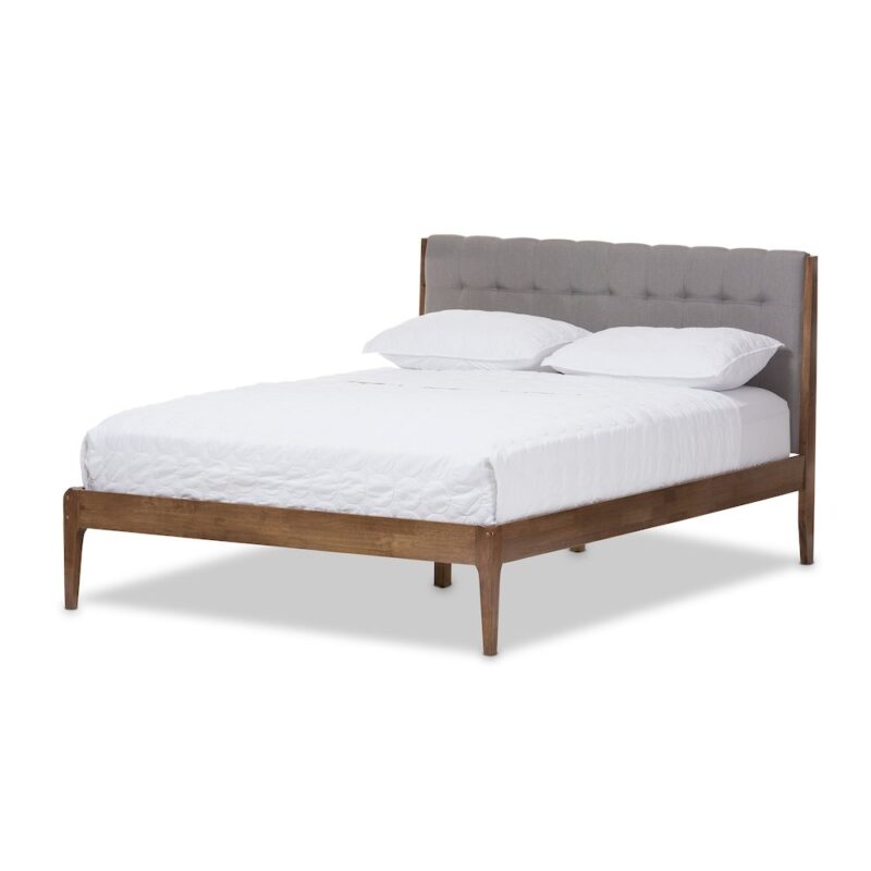Clifford Mid-Century Light Grey Fabric and Medium Brown Finish Wood King Size Platform Bed