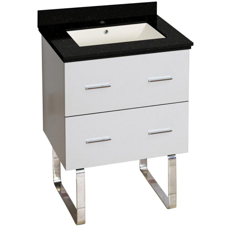 American Imaginations 23.75-in. W Floor Mount White Vanity Set For 1 Hole Drilling Black Galaxy Top Biscuit UM Sink