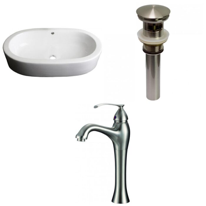 25.25-in. W Semi-Recessed White Bathroom Vessel Sink Set For Deck Mount Drilling_AI-30108