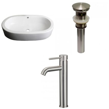 25.25-in. W Semi-Recessed White Bathroom Vessel Sink Set For Deck Mount Drilling_AI-30110
