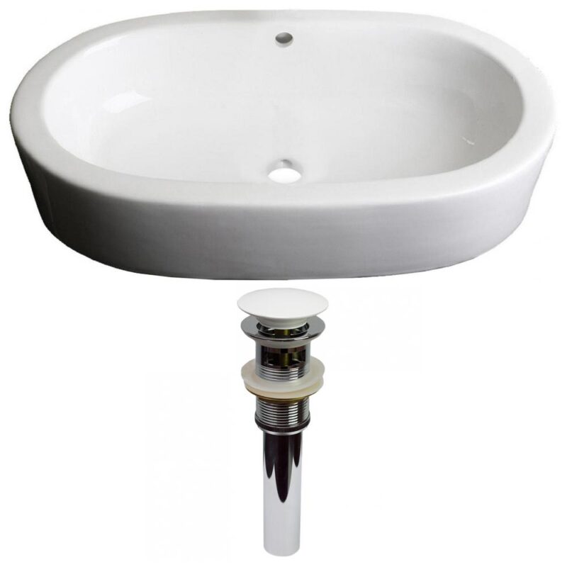 25.25-in. W Semi-Recessed White Bathroom Vessel Sink Set For Deck Mount Drilling (AI-30970)