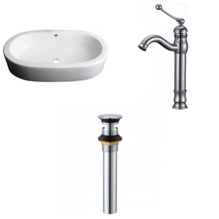 25.25-in. W Semi-Recessed White Bathroom Vessel Sink Set For Deck Mount Drilling_AI-33767