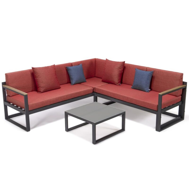LeisureMod Chelsea Black Sectional With Adjustable Headrest & Coffee Table With Two Tone Cushions CSLBL-80R-BU