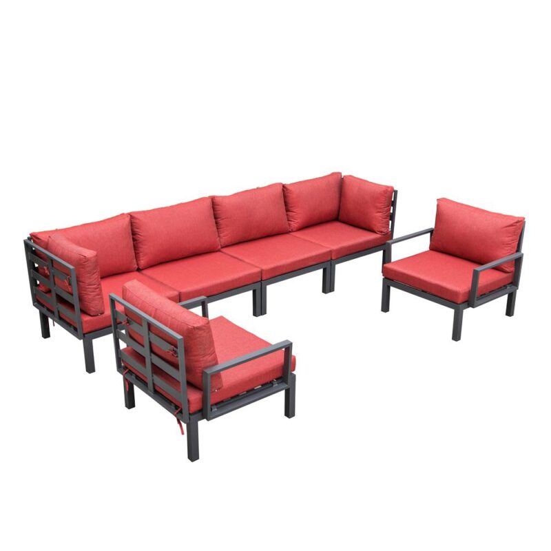 LeisureMod Hamilton 6-Piece Aluminum Patio Conversation Set With Cushions Red