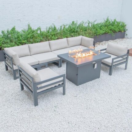 LeisureMod Chelsea 7-Piece Patio Armchair Sectional And Fire Pit Table Black Aluminum With Cushions CSFARBL-7BG