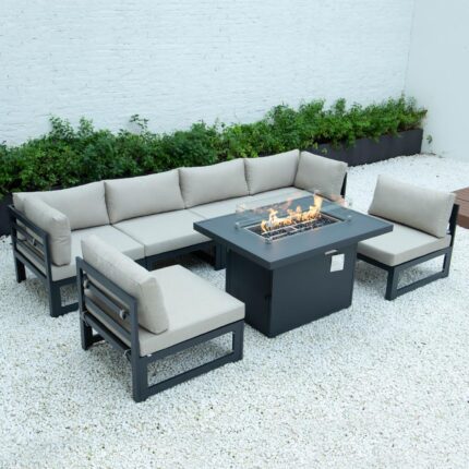 LeisureMod Chelsea 7-Piece Patio Sectional And Fire Pit Table Black Aluminum With Cushions CSFBL-7BG