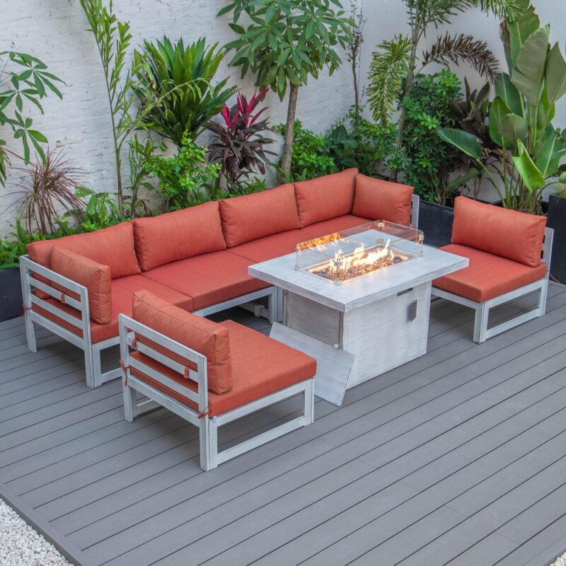 LeisureMod Chelsea 7-Piece Patio Sectional And Fire Pit Table Weathered Grey Aluminum With Cushions CSFWGR-7OR