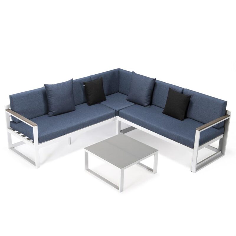 LeisureMod Chelsea White Sectional With Adjustable Headrest & Coffee Table With Cushions CSLW-80BU