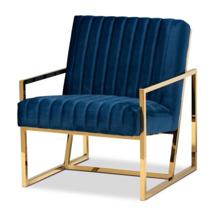 Luxe and Glam Royal Blue Velvet Fabric Upholstered and Gold Finished Living Room Accent Chair