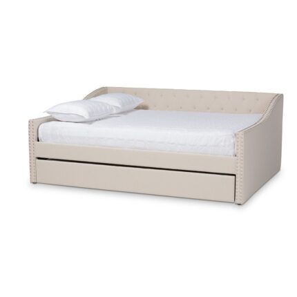 Baxton Studio Haylie Modern and Contemporary Beige Fabric Upholstered Full Size Daybed with Roll-Out Trundle Bed