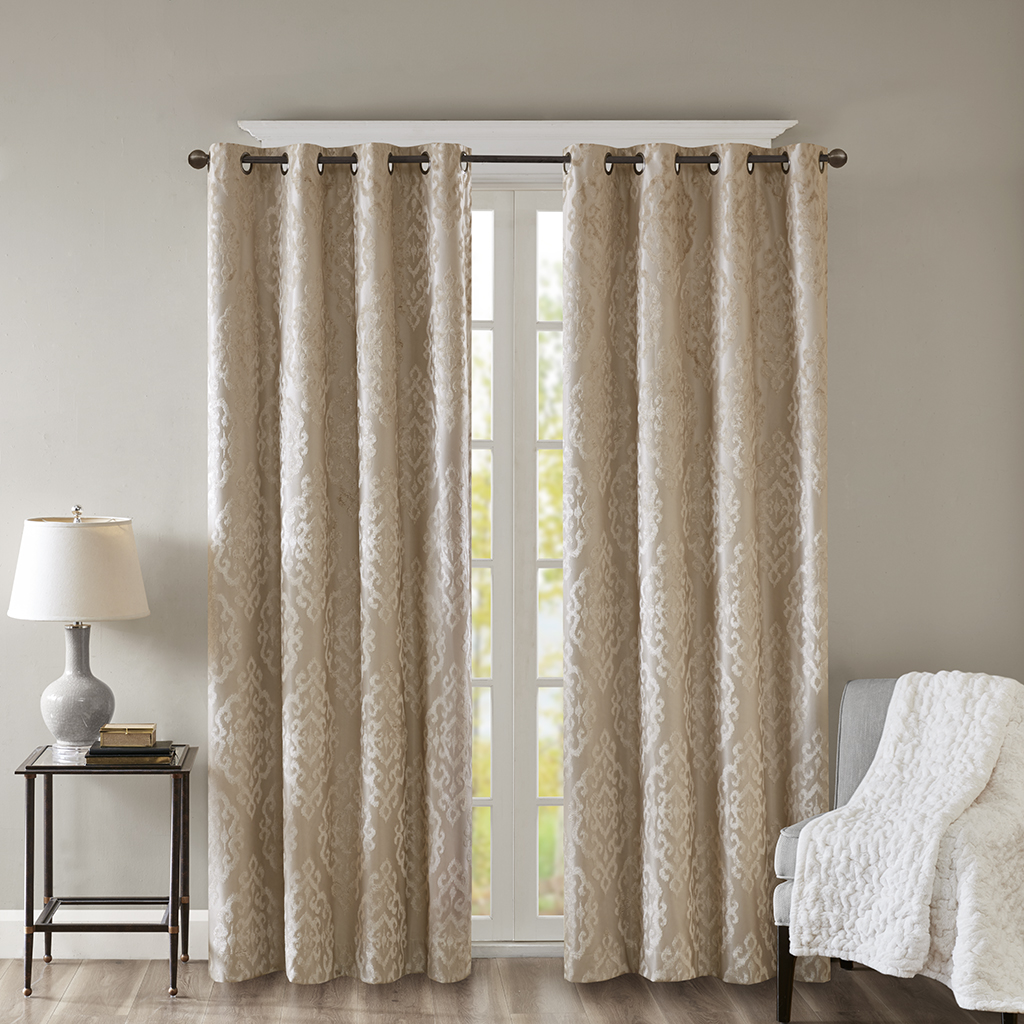 Mirage Knitted Jacquard Damask Total Blackout Grommet Top Curtain Panel Pair