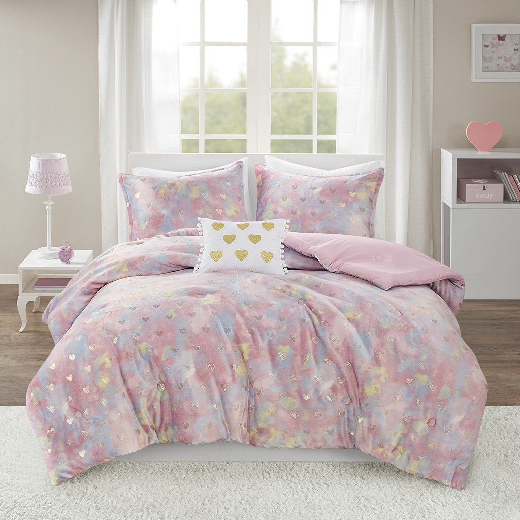 Rosalie Metallic Printed Plush Comforter Set with Throw Pillow