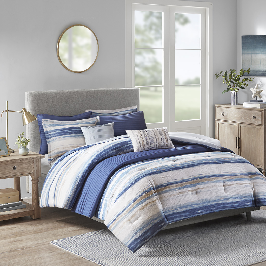 Marina 8 Piece Printed Seersucker Comforter and Quilt Set Collection