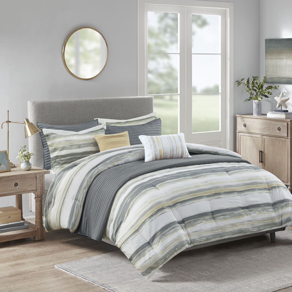 Marina 8 Piece Printed Seersucker Comforter and Quilt Set Collection