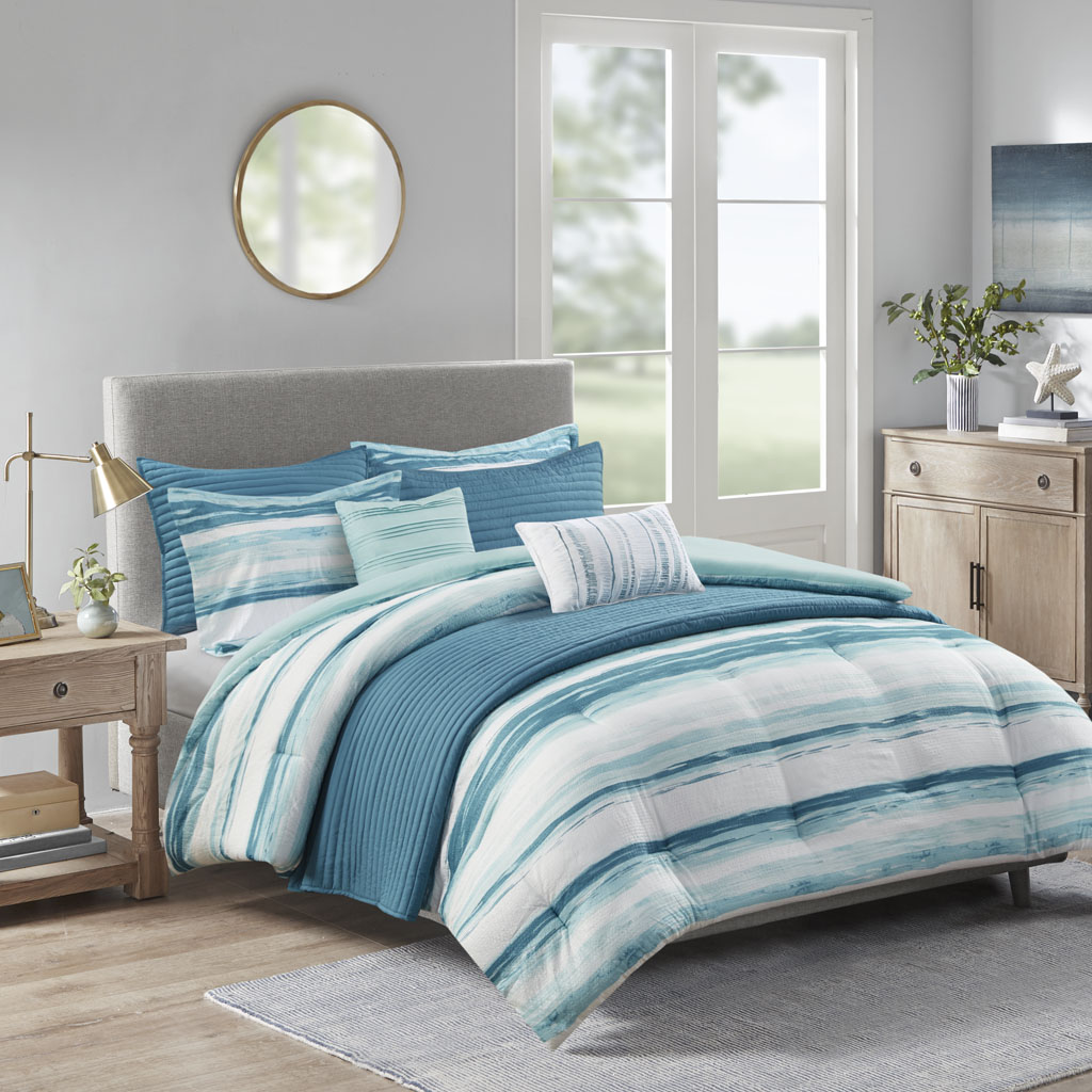 Marina 8 Piece Printed Seersucker Comforter and Quilt Set Collection