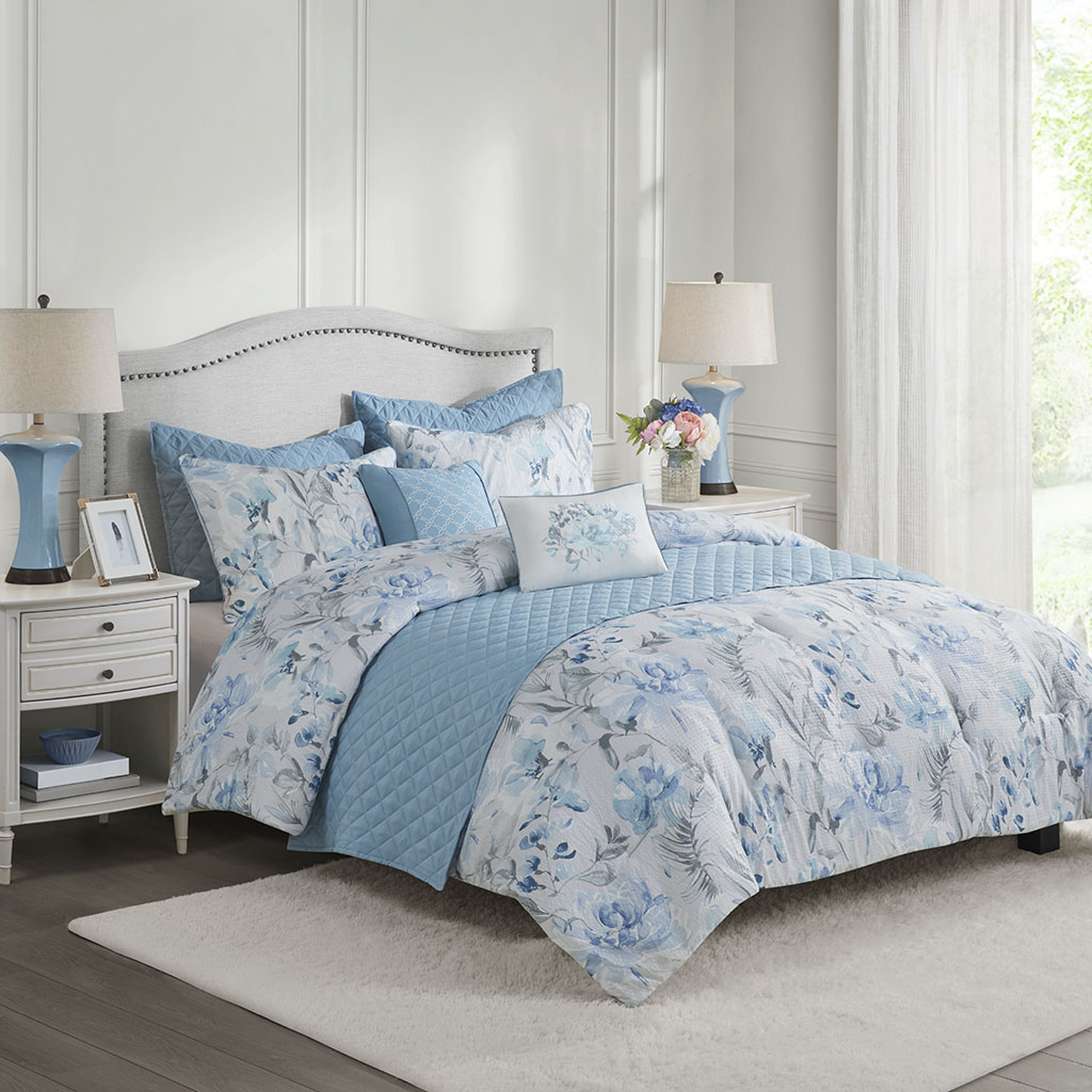 Pema 8 Piece Printed Seersucker Comforter and Quilt Set Collection