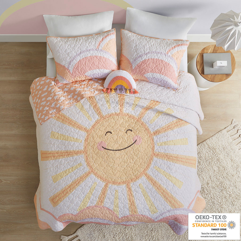 Dawn Reversible Sunshine Printed Cotton Quilt Set with Throw Pillow